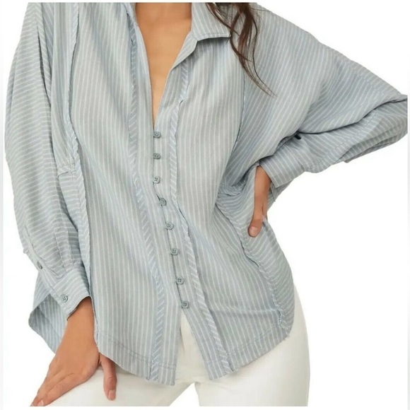 We The Free Tops - We The Free | Women's Boho Oversized One & Only Striped Shirt Size M Blue/White